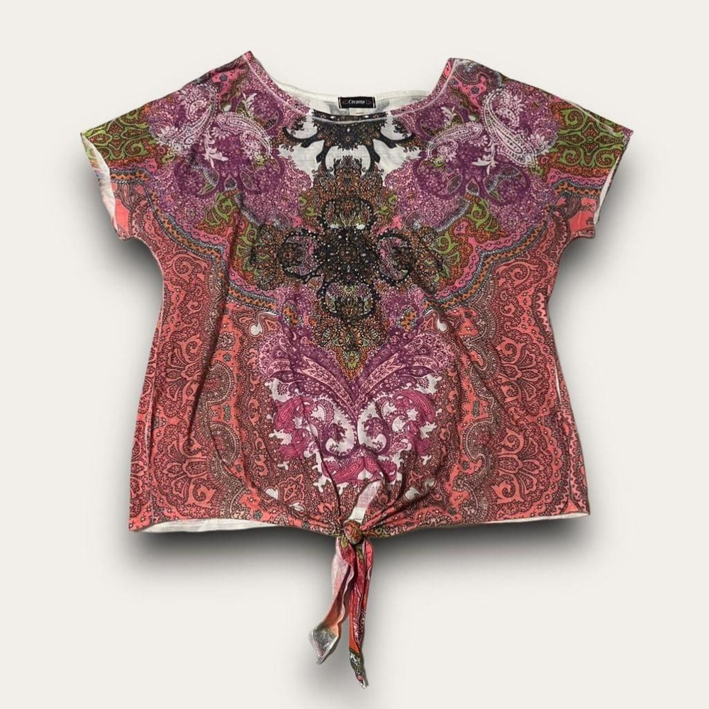 Y2K Rhinestone Tie-Front Top Mandala Boho Mcbling Cocomo Size Small